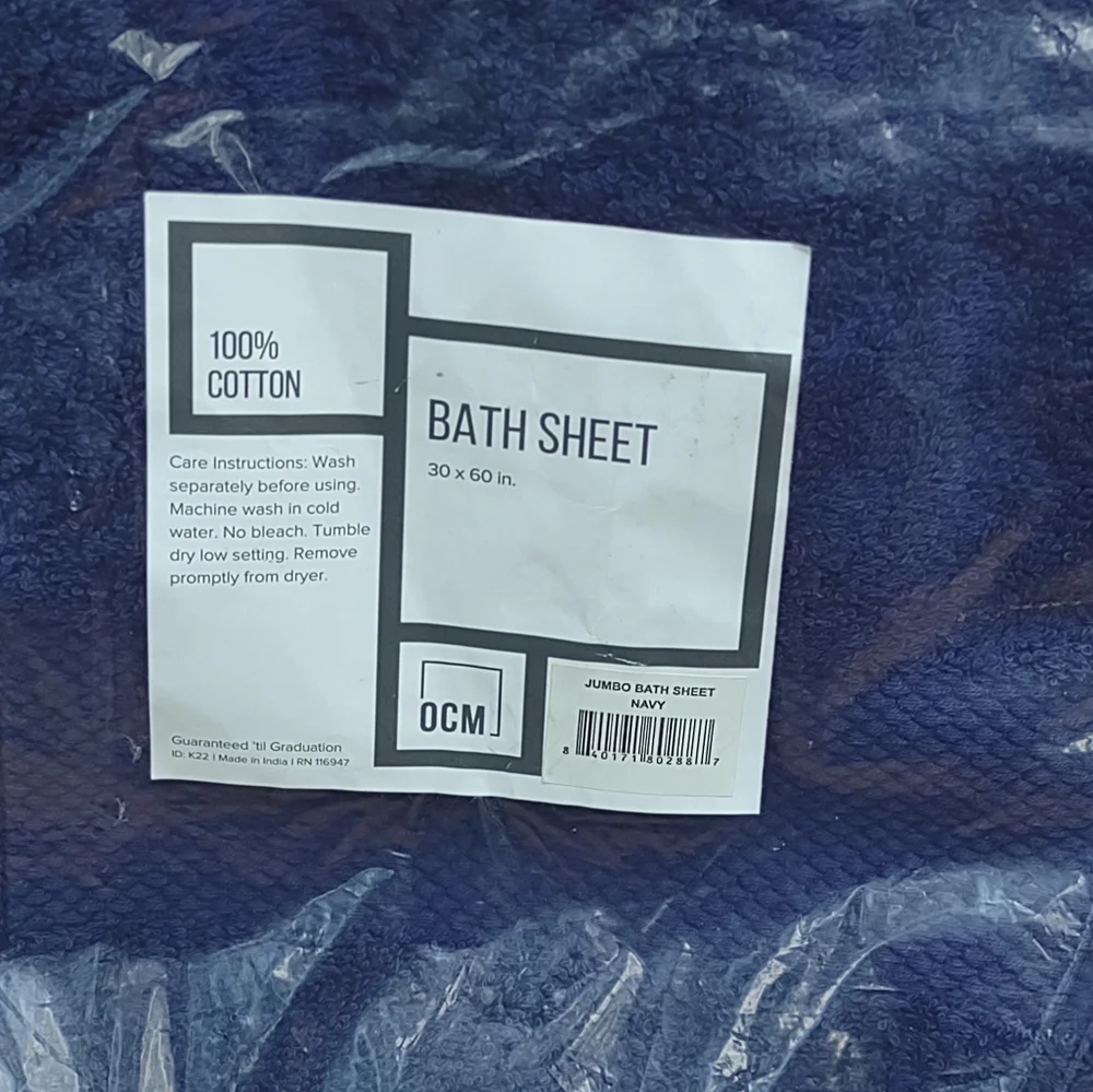 Large Oversized Cotton Bath Towel 30x60 In Navy Blue NWT